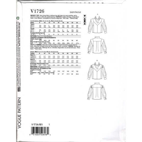 Vogue V1726 Misses 8 to 16 Cowl Neck Blouse Top Uncut Sewing Pattern - Picture 2 of 2